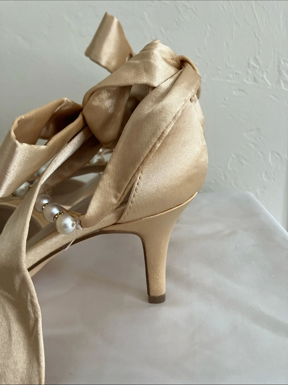 Pearl-T Satin Ankle Tie Pumps in Champagne